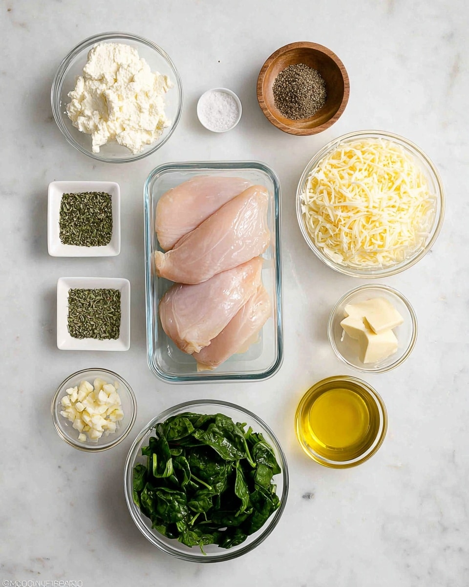 The image shows ingredients on a white marbled surface arranged neatly. In the middle, there is a clear rectangular glass container with three raw chicken pieces, light pink with smooth texture. To the left of the container, at the top, there is a small round white bowl with white cream cheese. Below it, a small white square dish holds dried green herbs. Above the chicken container, a small round wooden bowl contains black pepper and white salt side by side. To the right of the chicken, there is a round clear glass bowl filled with shredded light yellow cheese at the top. Below it, a smaller clear glass bowl has grated pale yellow cheese, while next to it, another similar bowl holds golden yellow olive oil. Below the oil, a small clear bowl contains finely minced garlic with a creamy beige color. At the bottom center of the image, there is a round clear glass bowl filled with chopped fresh green spinach leaves. To the right of it, a small white square dish contains finely chopped dried herbs with a brownish-green color. The scene is well lit and clear, photo taken with an iphone --ar 4:5 --v 7