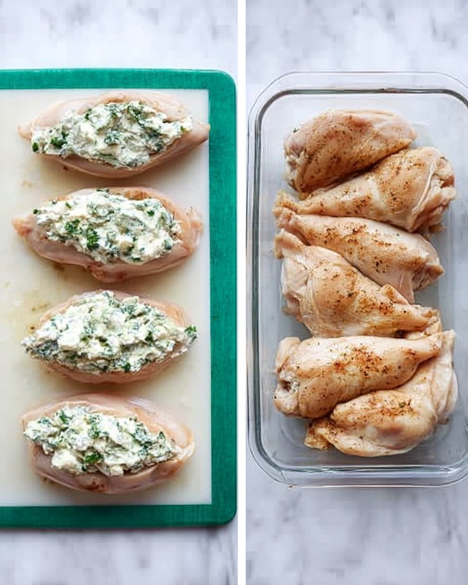 The image shows two side-by-side views of stuffed chicken pieces. On the left, four raw chicken pieces are laid flat on a green and white cutting board over a white marbled surface. Each chicken piece has a generous oval-shaped layer of white and green creamy filling with visible herbs placed in the center. On the right, the chicken pieces are arranged in a clear rectangular baking dish, folded over to enclose the filling, with a light brown color indicating they are seasoned or partially cooked. The background is a white marbled surface. Photo taken with an iphone --ar 4:5 --v 7