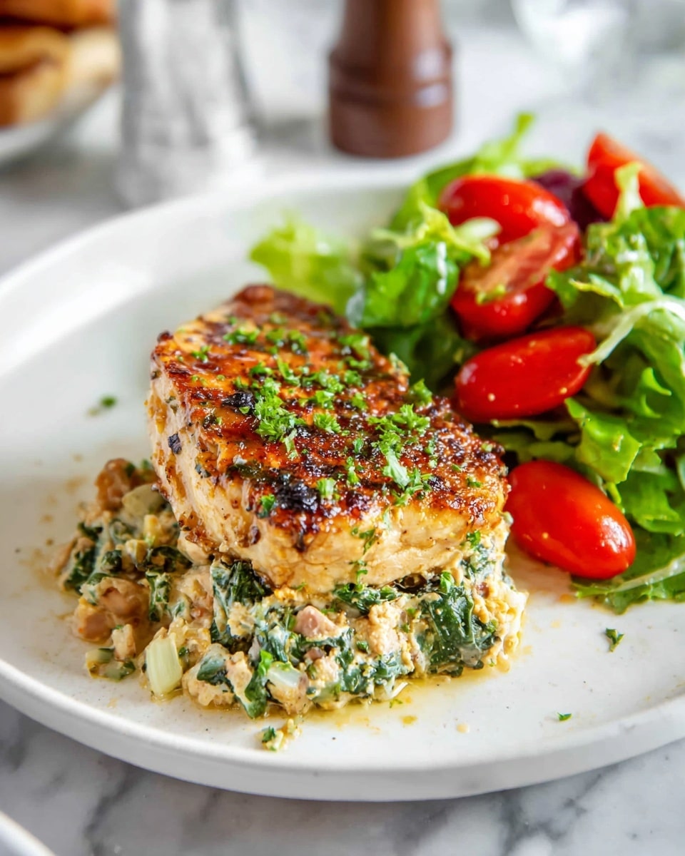 A white plate holds a dish with three main layers: the bottom layer is a creamy, chunky mixture with green leafy bits and light brown pieces, the middle layer is a golden-brown, grilled piece of meat with a slightly crispy texture and garnished with small green herb flakes, and the back portion of the plate has a fresh salad of bright green lettuce and halved red cherry tomatoes with a shiny surface. The plate sits on a white marbled surface with a blurred pepper shaker in the background. photo taken with an iphone --ar 4:5 --v 7