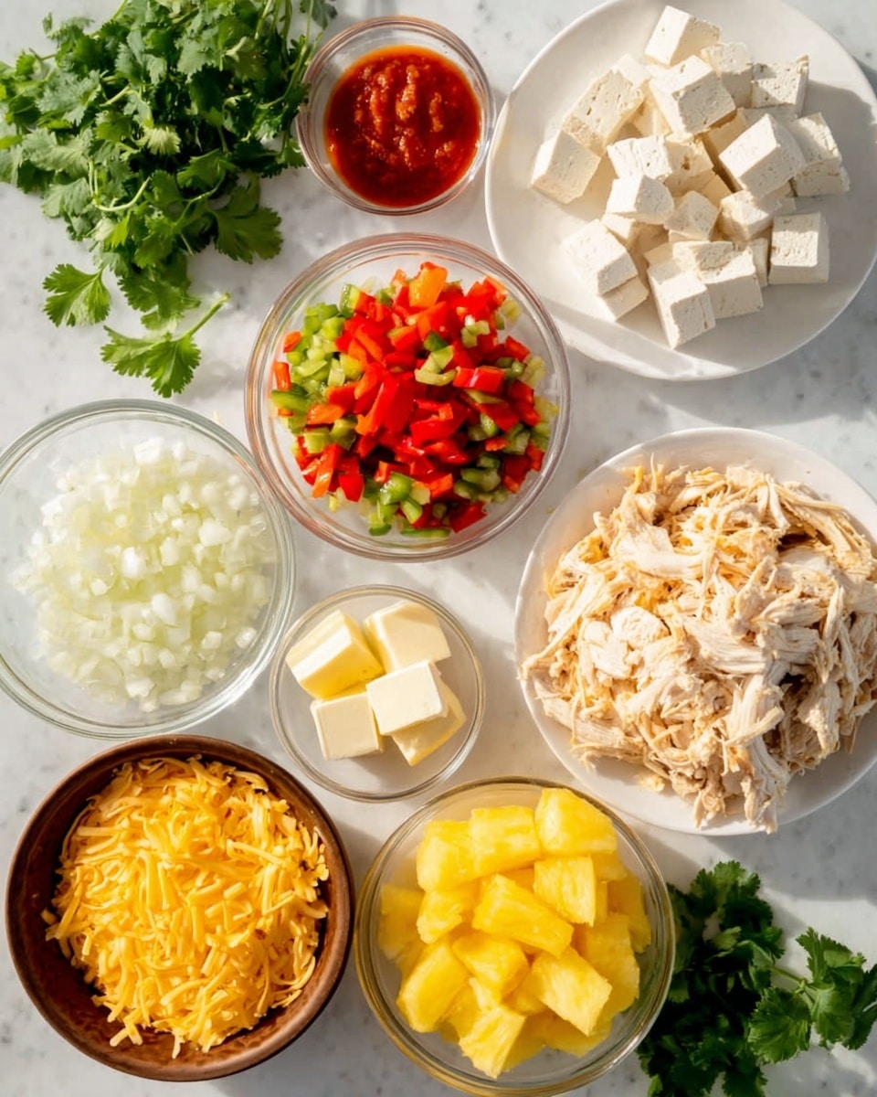 The image shows several white bowls and a white plate arranged on a white marbled surface. There are multiple layers in the setup: the top right has small white cubes of tofu on a white plate with a sprig of green cilantro beside it; to the left of this plate are bowls with chopped white onions, diced red and green bell peppers, a bowl of red tomato sauce, and shredded cooked chicken in a clear bowl. Near the bottom left corner, there is a brown bowl filled with shredded yellow cheese, and to its right, a small white bowl with small white cubes of butter. In the bottom center, there is a bowl of bright yellow pineapple chunks. Sprigs of fresh green cilantro are scattered around the bowls, adding more green to the scene. The lighting is bright and natural, enhancing the fresh colors of the ingredients. photo taken with an iphone --ar 4:5 --v 7