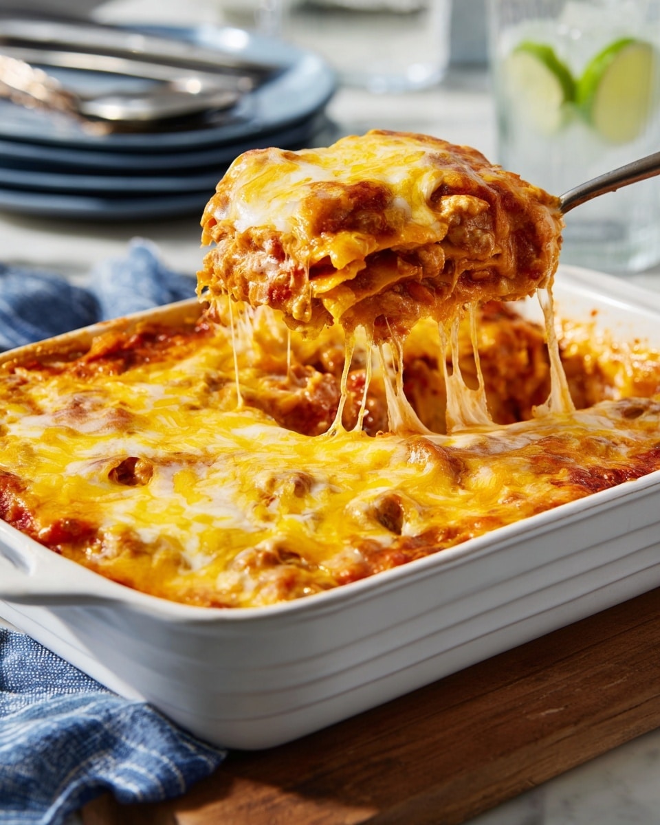 The image shows a white rectangular baking dish filled with multiple layers of a cheesy, saucy casserole. The top layer is melted cheese that is golden yellow and slightly browned in spots, stretching as a spoon lifts a thick portion out. Beneath this cheesy layer, there are visible chunks of red tomatoes and tender cooked pieces that appear mixed with sauce, giving a rich orange and red texture. The casserole has a dense, creamy look with melted cheese strings hanging from the spoon. The dish rests on a white marbled surface with blurry elements in the background, including a glass with a lime wedge and stacked plates. Photo taken with an iphone --ar 4:5 --v 7