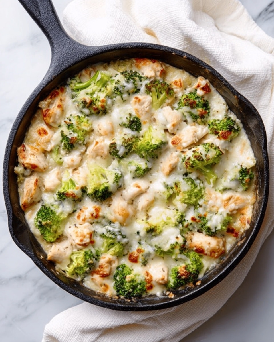 The image shows a black cast iron pan filled with a creamy dish layered with small pieces of cooked chicken, bright green broccoli florets, and melted white cheese sprinkled with light brown spots from baking. The dish appears thick and rich, with chicken pieces mixed evenly under the broccoli and cheese. The pan sits on a white marbled surface with a soft white cloth partly around it. Photo taken with an iphone --ar 4:5 --v 7