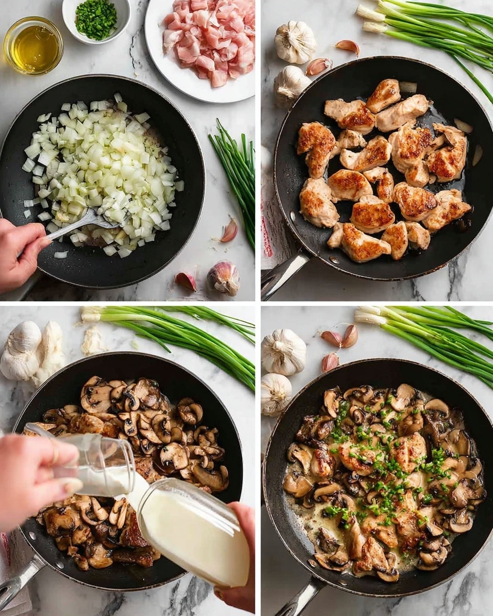 The image shows four steps of cooking chicken with mushrooms in a black pan. In the top left, a woman's hand stirs chopped white onions in the black pan, with raw chicken and sliced mushrooms on a white plate nearby. The top right shows the chicken pieces cooking in the pan, browned on one side with some still pink. The bottom left image captures a woman's hand pouring a white liquid into the pan with sautéed mushrooms, ready to mix. The final bottom right image shows the browned chicken pieces cooked with sliced mushrooms and green chopped onions sprinkled on top, all set against a white marbled surface with green onions and garlic cloves scattered around. Photo taken with an iphone --ar 4:5 --v 7