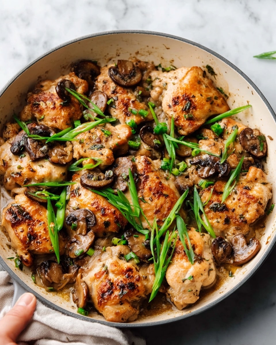 A white pan filled with several golden brown cooked chicken pieces topped with sliced brown mushrooms scattered across the surface. Bright green chopped scallions are sprinkled evenly over the chicken and mushrooms. The texture of the chicken is slightly crispy with some darker seared spots. The pan sits on a white marbled surface, and a woman's hand is gently holding the edge of the pan. photo taken with an iphone --ar 4:5 --v 7