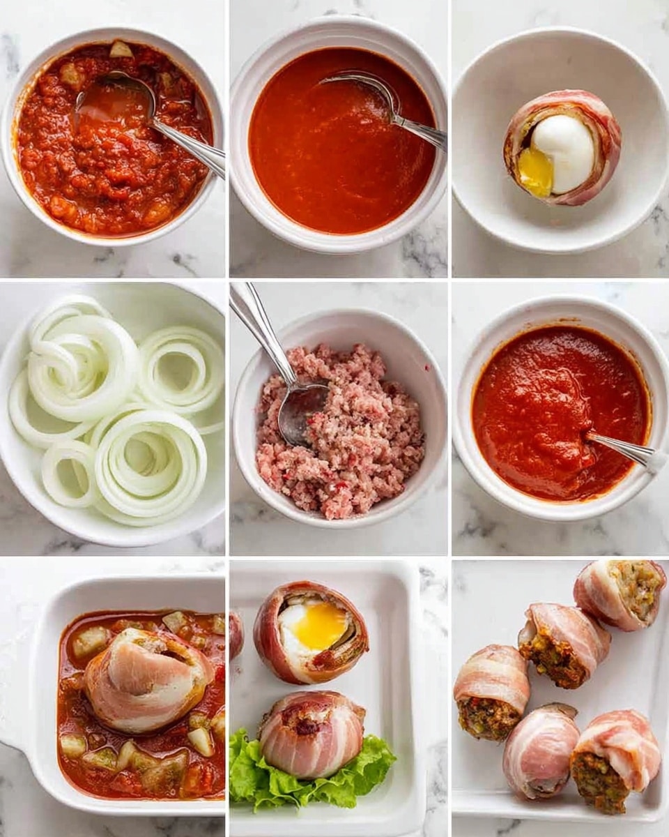 The image shows a step-by-step process of making a dish with stuffed onions wrapped in bacon. The first layer is a white bowl filled with red tomato sauce mixed with brown sauce and small yellow and white pieces, with a spoon on the side. The next is a smooth red tomato sauce in a white bowl with a spoon. The third layer shows white onion rings with hollow centers on a white marbled surface. In the fourth step, a white bowl holds raw ground meat with an egg yolk and green spices on top. The fifth shows the same bowl with the meat mixture stirred together, and a measuring spoon filled with the mix resting inside. Step six displays a hollowed white onion stuffed with raw meat. Step seven features the meat-stuffed onion wrapped in white and pink bacon. Step eight shows four cooked stuffed onions on a white rectangular dish covered with red sauce. The last layer presents three cooked bacon-wrapped onions that are browned and placed on fresh green lettuce. Photo taken with an iphone --ar 4:5 --v 7