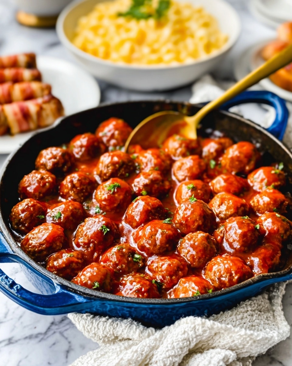 The image shows a blue cast iron skillet filled with many small, round meatballs covered in a shiny reddish sauce. The meatballs are tightly packed in the pan, creating a rich, textured surface. A golden spoon is placed inside the skillet, partially resting on the meatballs on the right side. In the background, there is a white bowl filled with creamy macaroni and cheese and a white plate with cut pieces of food that appear to be wrapped in bacon. The skillet and dishes are placed on a white marbled surface with a white cloth underneath the skillet handle. The colors are warm and inviting, with the red-orange sauce contrasting with the pale cheese and the blue skillet. photo taken with an iphone --ar 4:5 --v 7