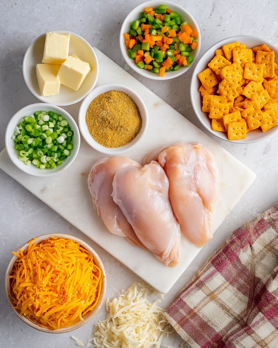 The image shows three raw chicken pieces placed on a white marble cutting board in the center. Surrounding the board are small white bowls holding different ingredients: two cubes of butter in the top left, yellowish ground spice in the top center, chopped green onions below the spice, a mix of chopped green and orange peppers to the left, melted yellow butter below the green onions, shredded orange cheddar cheese in the bottom left, and shredded white cheese in the bottom right. To the top right, there is a white bowl filled with square orange crackers, and some crackers are scattered around the bowl on the white marbled surface. A beige and red plaid cloth is placed at the bottom right corner. photo taken with an iphone --ar 4:5 --v 7