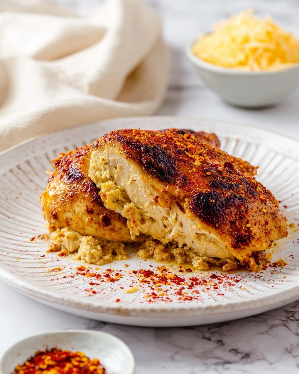A single large piece of golden brown, spiced cooked chicken with a crispy, slightly charred outer layer rests on a white textured plate. The chicken is split open to reveal a soft, creamy, pale yellow filling inside, lightly dusted with red spices that are also scattered around the plate. The plate is placed on a white marbled surface. In the background, there is a soft cream-colored cloth and a white bowl filled with shredded yellow cheese. A small portion of a white dish with red spices is visible at the bottom right corner of the image. Photo taken with an iphone --ar 4:5 --v 7