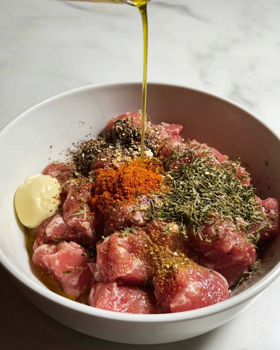 A white bowl sits on a white marbled surface filled with raw, pink chunks of meat as the base layer, sprinkled with green dried herbs and black pepper. There are two small piles of ground spices, one orange-red and the other greenish-black, scattered unevenly on top. On one side of the bowl, a dollop of creamy pale yellow sauce is placed on the meat. Above the bowl, a thin stream of golden oil is being poured, adding shine and moisture to the ingredients below. The scene is well-lit and focused closely on the bowl’s contents. photo taken with an iphone --ar 4:5 --v 7