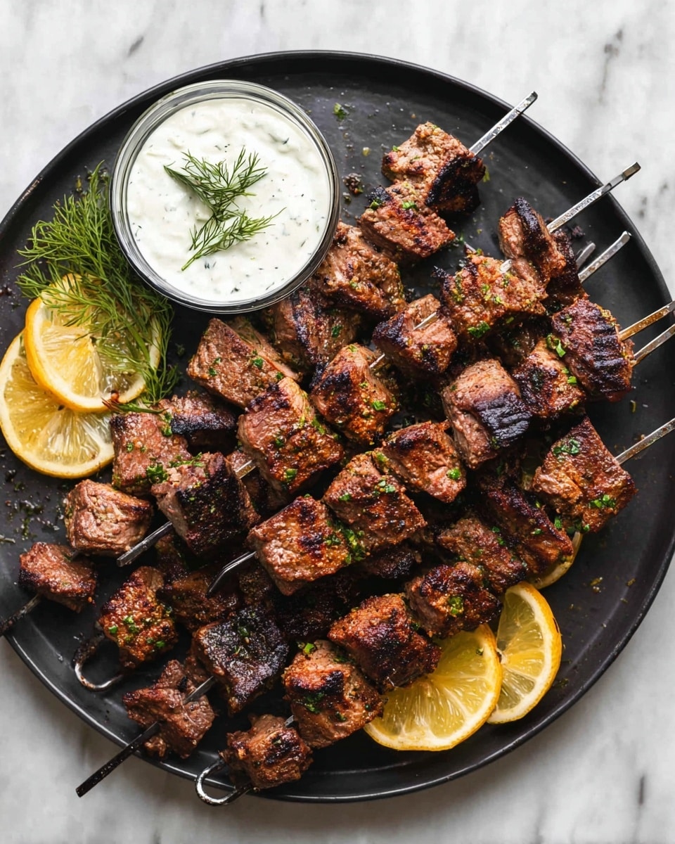 A black round plate holds several metal skewers filled with grilled meat cubes that are browned and slightly charred. The meat pieces are uneven in size and sprinkled with small green herb bits. Underneath the skewers, there are several thin lemon slices arranged around the plate’s edge. On the top left of the plate, there is a small glass bowl filled with white creamy sauce, topped with a small sprig of fresh dill. The whole plate is placed on a white marbled surface. photo taken with an iphone --ar 4:5 --v 7