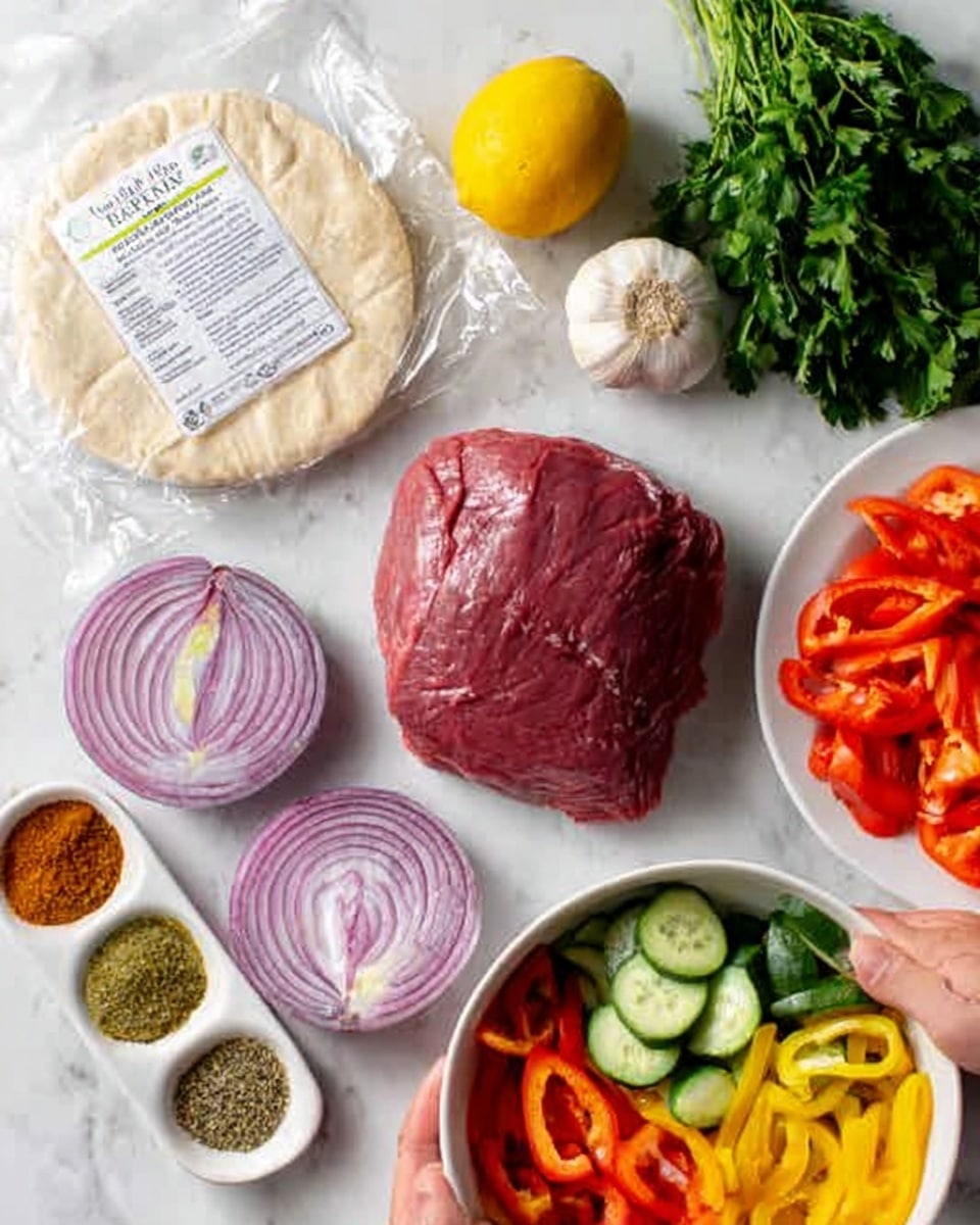 A white marbled surface shows various fresh ingredients laid out with a white packaged pita bread at the top left and a whole lemon next to garlic and a bunch of parsley on the top right. In the center, there is a labeled block of red raw meat placed directly on the surface. On the bottom left, there is a small white bowl with layered spices in green, brown, and orange colors. Next to it, slices of red onion are arranged flat, and bright red sliced bell peppers are laid out nearby. In the bottom right corner, there is a white bowl containing a colorful salad with green cucumbers, red tomatoes, and yellow pieces. A woman's hand is visible holding the packaged pita bread. photo taken with an iphone --ar 4:5 --v 7
