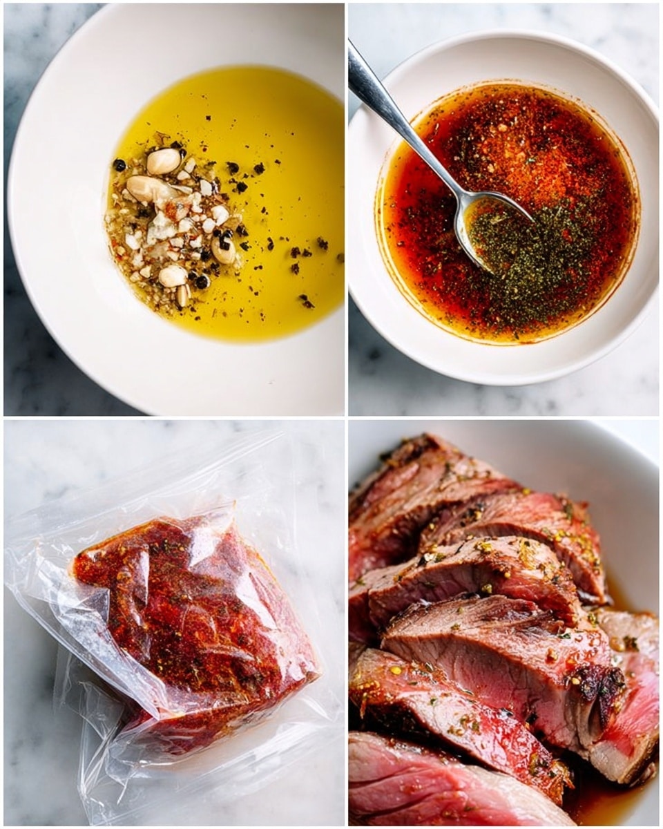 A white bowl holds five distinct layers of ingredients for a marinade: bright yellow oil pools with a sprinkle of black pepper in one area, light beige minced garlic, green dried herbs, and a deep red spice on the opposite side. In the next image, the ingredients are blended into a reddish-brown liquid with specks of herbs and spices, with a silver spoon resting inside the white bowl. The third image shows a piece of raw meat inside a clear plastic bag, coated with the reddish marinade, the meat’s surface red with a slight shine and sprinkled with herbs. The final image presents cooked slices of meat piled closely together, showing a mix of browned and charred edges with a juicy pink center. All photos have a white marbled surface in the background. photo taken with an iphone --ar 4:5 --v 7