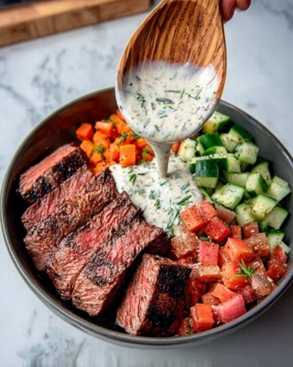 A white bowl filled with layers of food on a white marbled surface. The bottom layer consists of evenly chopped green cucumbers, topped with a mix of small diced orange carrots and pink-red diced salmon pieces scattered next to each other. In front, there are four slices of medium-rare steak, each showing a rich brown grilled outside and a pink center. A wooden spoon held by a woman's hand pours creamy white sauce with visible green herbs onto the salmon and steak. The textures range from soft cream to fresh vegetables and juicy meat. photo taken with an iphone --ar 4:5 --v 7