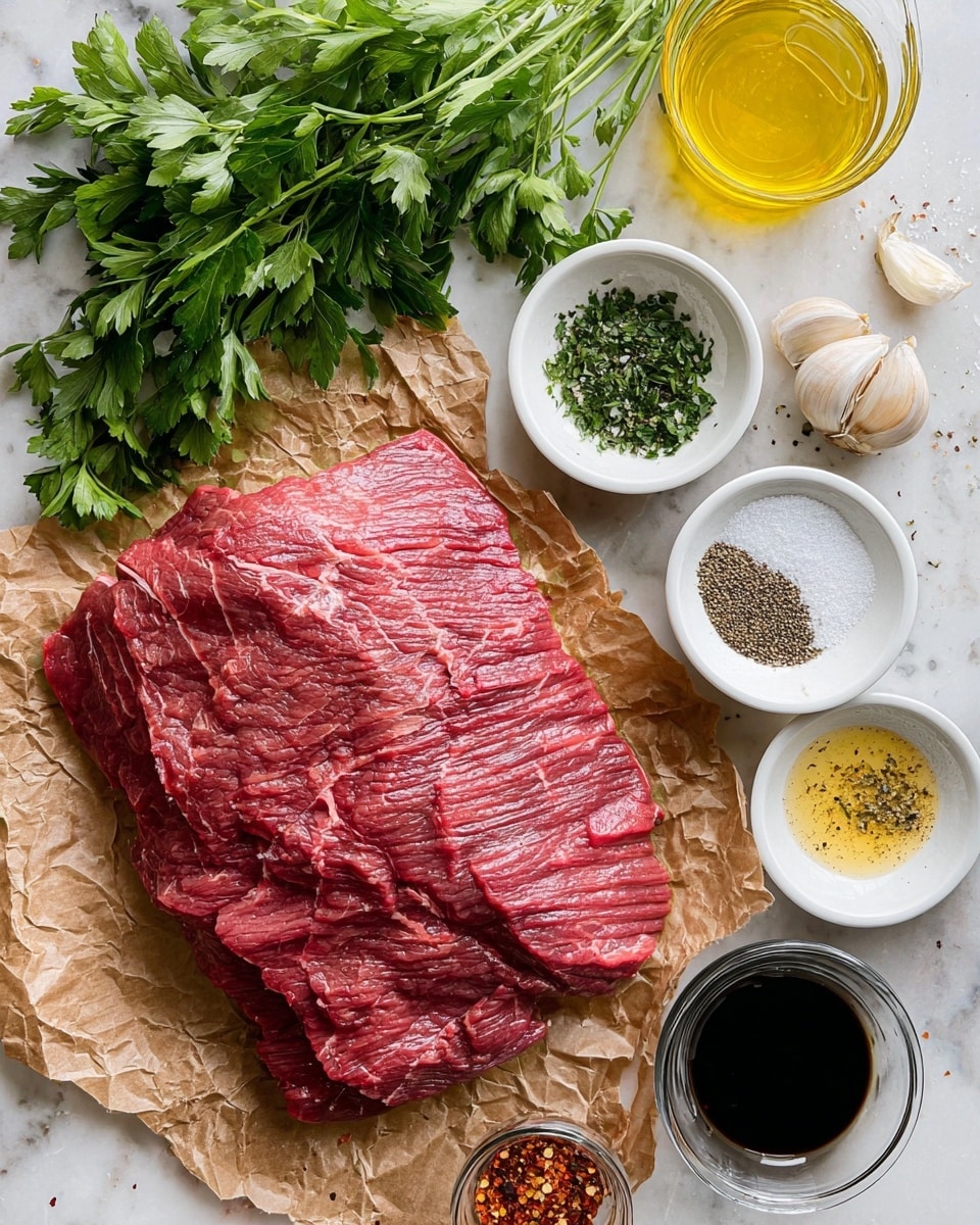 A large, flat piece of raw red meat with visible muscle texture and some white fat streaks rests on crumpled brown paper in the center right of the image. Surrounding the meat are small white bowls with various spices and liquids: one bowl has a mix of green herbs, white salt, black pepper, and light brown seasoning, another contains black pepper and white salt, a clear bowl holds dark soy sauce, and another small bowl has a golden yellow liquid with pepper specks. There is also a glass container with light yellow oil, and a small dish of crushed red chili flakes. Fresh green parsley leaves fill the lower left side, and at the top, a garlic clove and a few sprigs of cilantro sit on a white marbled surface. photo taken with an iphone --ar 4:5 --v 7