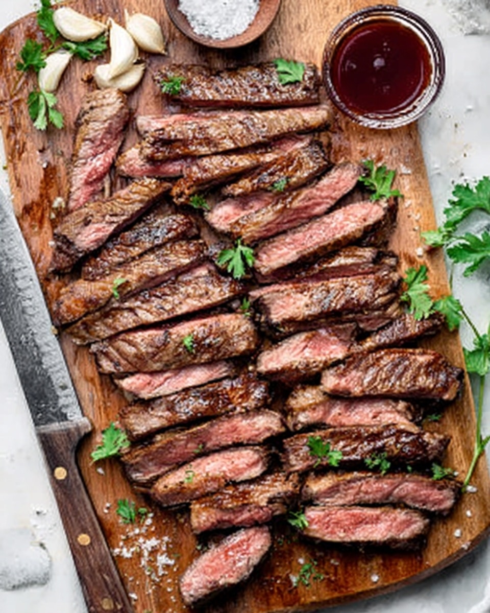 A wooden cutting board is filled with many slices of cooked steak, arranged in two neat rows. The steak is medium-rare with a brown outside crust and a pink inside, showing a tender texture. Small green parsley leaves are spread on top of the steak slices for color. Next to the steak, there is a small glass bowl with a dark red sauce. Around the board, there are garlic cloves, coarse salt in a small white bowl, and some black pepper. A large knife with a wooden handle is placed to the left on the board's edge. The background surface is a white marbled texture. Photo taken with an iphone --ar 4:5 --v 7