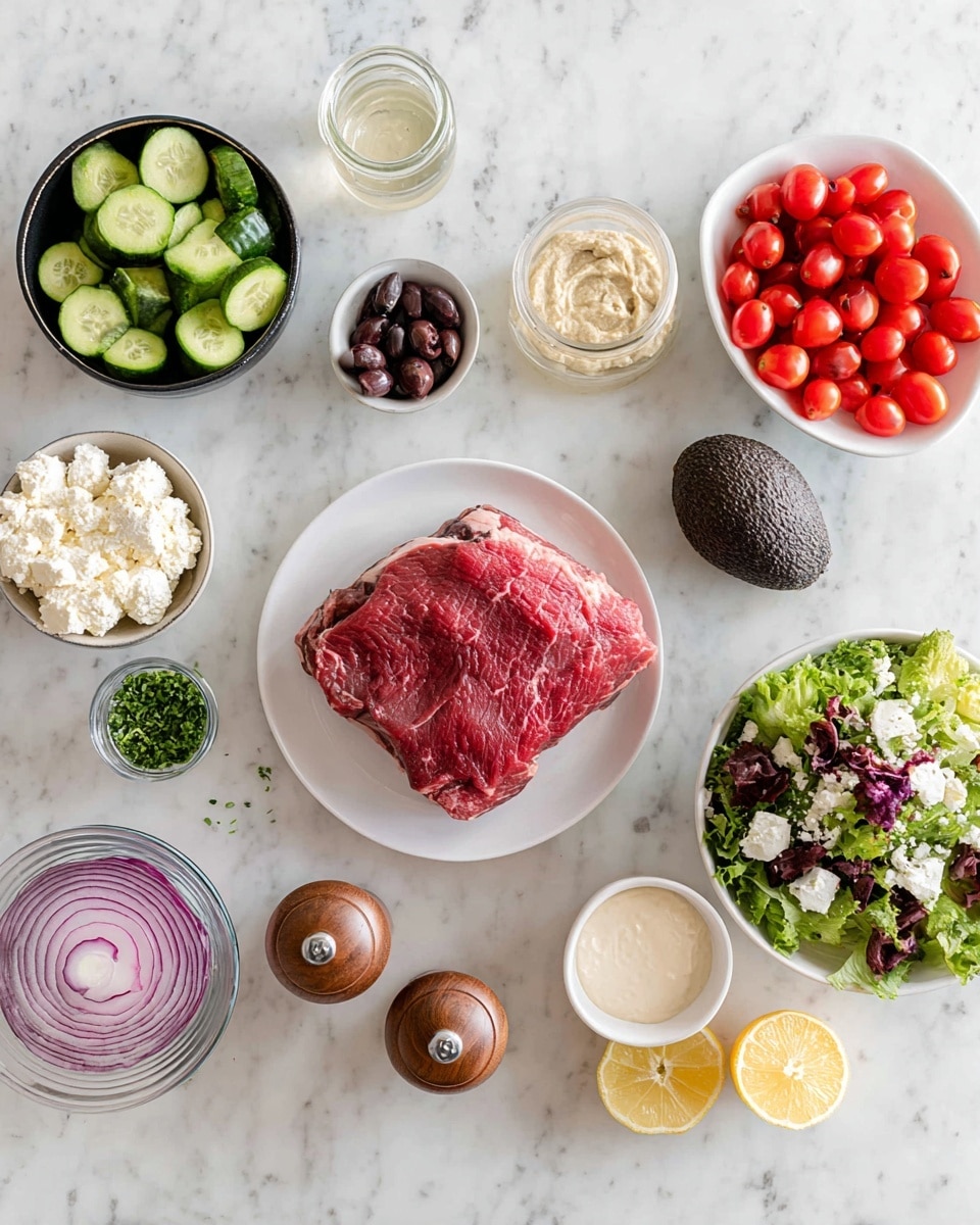 The image shows various ingredients placed on a white marbled surface. In the center top, a large piece of raw red meat with light fat edges rests on a white plate. Surrounding it are small containers with different items: a small clear glass jar with a transparent liquid, a small white bowl filled with pale hummus, a black bowl with sliced green cucumbers, a clear bowl of cherry red tomatoes, a small black bowl holding dark purple olives, a small white bowl with finely chopped light green herbs, a small white bowl with white crumbled cheese, a white ceramic container with large slices of red onion, a whole dark brown avocado, a bowl of mixed green and purple salad leaves, and two lemon wedges placed near the bottom right. A pair of wooden salt and pepper shakers stand beside the glass jar, and a small bowl of creamy white sauce is also visible. All items are neatly arranged and well-lit, highlighting their fresh colors and textures photo taken with an iphone --ar 4:5 --v 7