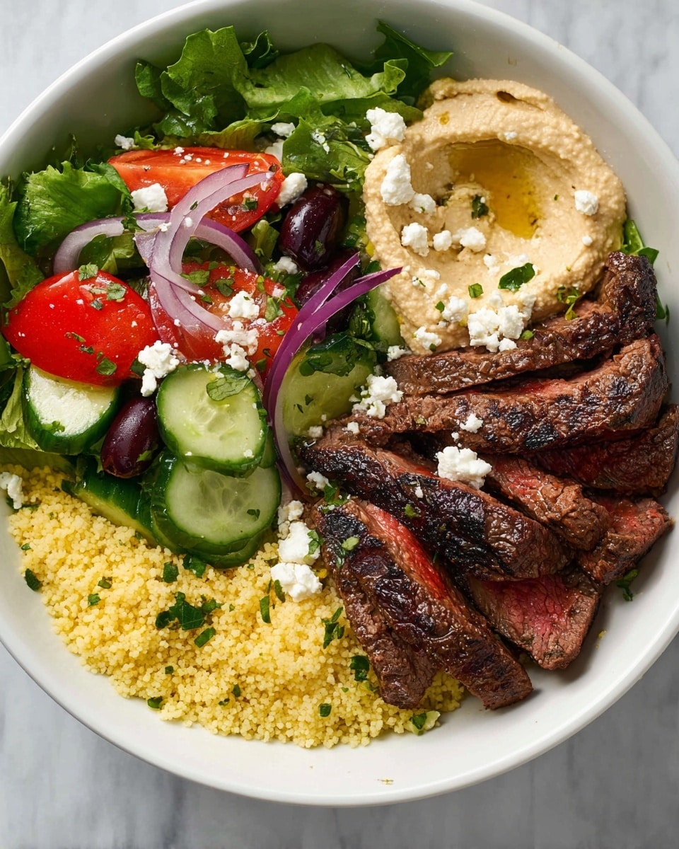 The dish in a white bowl has five visible layers arranged separately: at the bottom right, there is a yellow, grainy layer of couscous with small green herb bits sprinkled on top; above it, thick slices of grilled steak with a charred texture and a reddish-brown center are laid out; next to the steak, there is a smooth beige hummus spread with a drizzle of olive oil and white cheese crumbles; at the top left side, a fresh salad with green leafy lettuce, bright red tomato wedges, pale green cucumber slices, dark purple olives, and thin red onion slices is placed; white cheese crumbles are scattered over the steak and salad layers. The bowl sits on a white marbled surface photo taken with an iphone --ar 4:5 --v 7