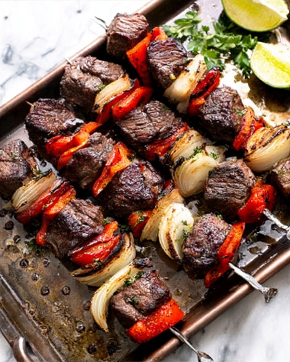 The image shows four long metal skewers filled with grilled lamb cubes, red bell pepper pieces, and sliced onions. The lamb cubes are dark brown with a slightly charred texture, placed alternately with the bright red bell pepper chunks and light beige onion layers, giving a mix of colors along the length of each skewer. The skewers rest on a rectangular metal grill pan with small round holes, sitting on a surface with a white marbled texture. There are garnishes of green herbs and lime slices near the top right corner. Photo taken with an iphone --ar 4:5 --v 7