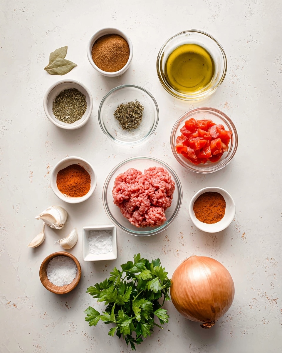 The image shows a flat lay of various cooking ingredients arranged neatly on a white marbled surface. Starting from the top left and moving clockwise, there is a small white bowl with brown powder, then a clear glass bowl with golden oil, followed by a small white bowl with mixed dried herbs and another small white bowl with ground pepper close by. A whole light brown onion is placed towards the right side. Below it, two small white bowls contain reddish-orange and brown spice powders. Near the center, two clear glass bowls hold raw ground meat with a pinkish color. Next to them, a smaller clear glass bowl contains chopped red tomatoes in their juice. On the lower left side, a small white square dish holds coarse salt while a small wooden bowl contains two cloves of garlic with papery skins. Finally, a small white bowl filled with fresh green parsley leaves completes the grouping photo taken with an iphone --ar 4:5 --v 7