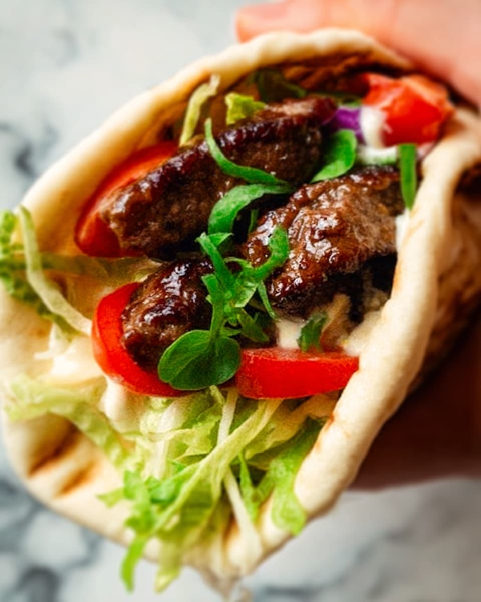 The image shows a close-up of a soft white flatbread wrap held by a woman's hand, filled with several layers: at the bottom, bright green shredded lettuce, followed by thin slices of red tomato. On top of the vegetables, there are two pieces of shiny, glazed dark brown grilled meat with a slightly crispy texture. Small fresh green leaves are scattered on the meat, adding a touch of color. The background features a white marbled surface. photo taken with an iphone --ar 4:5 --v 7