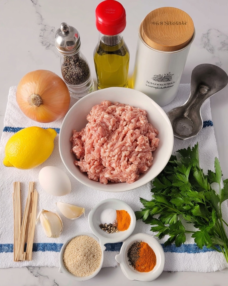 The image shows ingredients for cooking, placed on a white marbled texture covered with a white cloth with blue lines. In the center, there is a white bowl filled with light pink ground meat with visible texture and slight ridges. To the left of the bowl, there is a whole yellow onion, a whole bright yellow lemon, a bulb of garlic with white and light brown skin, and two light brown chopsticks resting on the garlic. In front of the bowl, a small white ramekin holds white salt, black pepper, and an orange-colored spice separated into sections. To the right of the bowl, there is a fresh bunch of bright green parsley leaves. Nearby, a white ceramic container with a wooden lid holds white salt, and next to it, a silver pepper grinder filled with black peppercorns stands tall. Behind the bowl is a clear bottle with a red top containing light yellow oil, and a small spice jar labeled