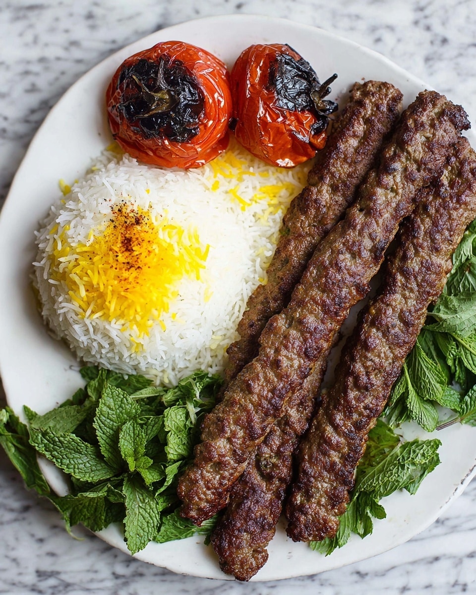 On a white plate lies a dish with four long, brown grilled meat skewers resting on the right side, showing a textured, slightly crispy surface. To the left of the skewers is a mound of white rice with yellow saffron strands and a light sprinkle of dark spices on top. Above the rice, there are two roasted tomatoes, one mostly blackened and the other with a shiny, bright red, blistered skin. Below the rice, fresh, dark green leaves of basil and mint herbs create a vibrant contrast. The plate is set against a white marbled surface. photo taken with an iphone --ar 4:5 --v 7