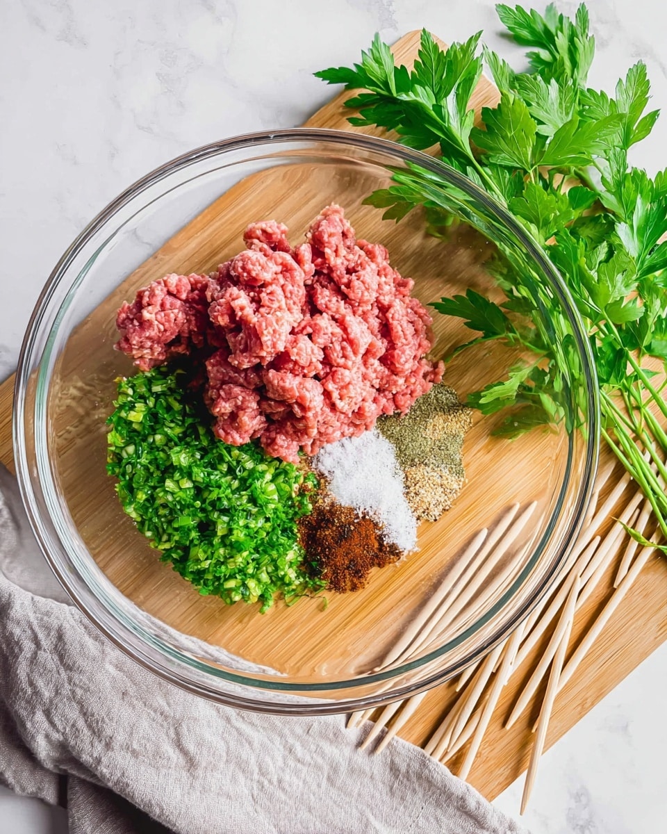 A clear glass bowl sits on a white marbled surface with a wooden cutting board partially beneath it. Inside the bowl, there are three main layers: on the left side, bright pink ground meat with a soft, crumbly texture; on the right side, finely chopped fresh green herbs or vegetables with a rough texture; in the middle, a small pile of different spices in shades of brown, beige, and deep red, along with white salt crystals sprinkled on top. Nearby, a bunch of fresh green parsley and several light wooden skewers rest on the cutting board, and a light gray cloth is placed under the bowl. Photo taken with an iphone --ar 4:5 --v 7