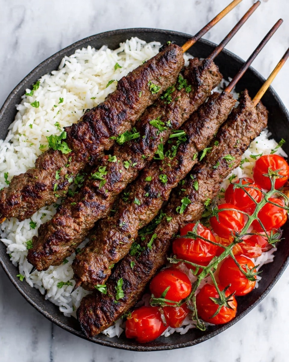 A white round plate with five grilled meat skewers placed on the left side, each skewer showing a textured, dark brown surface with some grill marks and sprinkled with chopped green herbs. On the right side of the plate, there is a pile of fluffy white rice with slightly separated grains. Below the skewers, there is a small bunch of bright red cherry tomatoes still on green vine, adding a fresh contrast. The plate is set on a white marbled surface. photo taken with an iphone --ar 4:5 --v 7