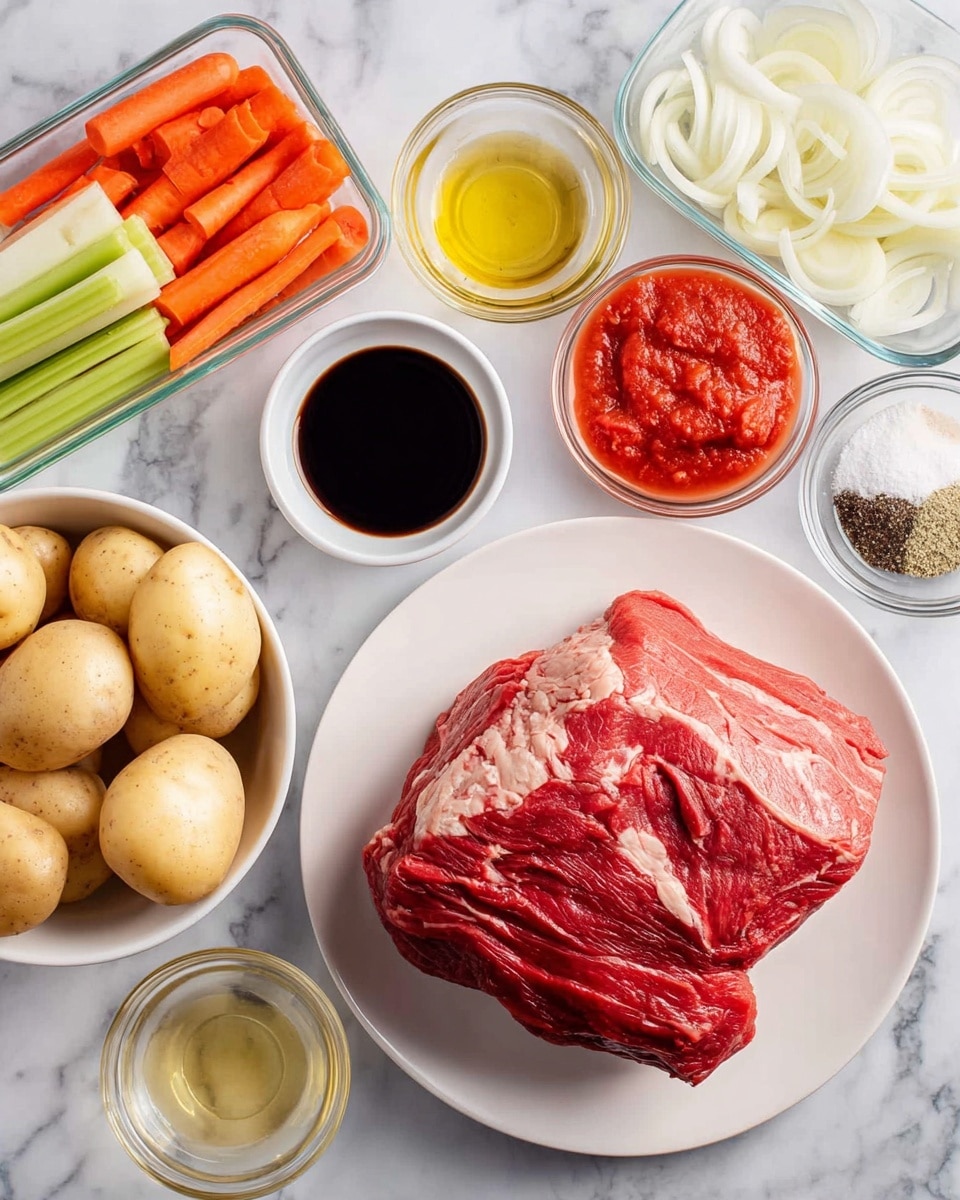The image shows a white plate in the center holding a large piece of raw red meat with natural marbling and texture. Around the plate, there are several small glass bowls and a rectangular glass container. The bowls hold different ingredients: peeled round potatoes in a white bowl, a bright red tomato sauce, a small cup of dark liquid, white flour, yellow olive oil, and mixed spices including salt and pepper. A clear glass bowl with sliced white onions is near the top right. To the left, a clear rectangular container holds fresh carrot slices and celery sticks arranged neatly. All items sit on a white marbled surface that adds a clean, bright look to the setting. Photo taken with an iphone --ar 4:5 --v 7