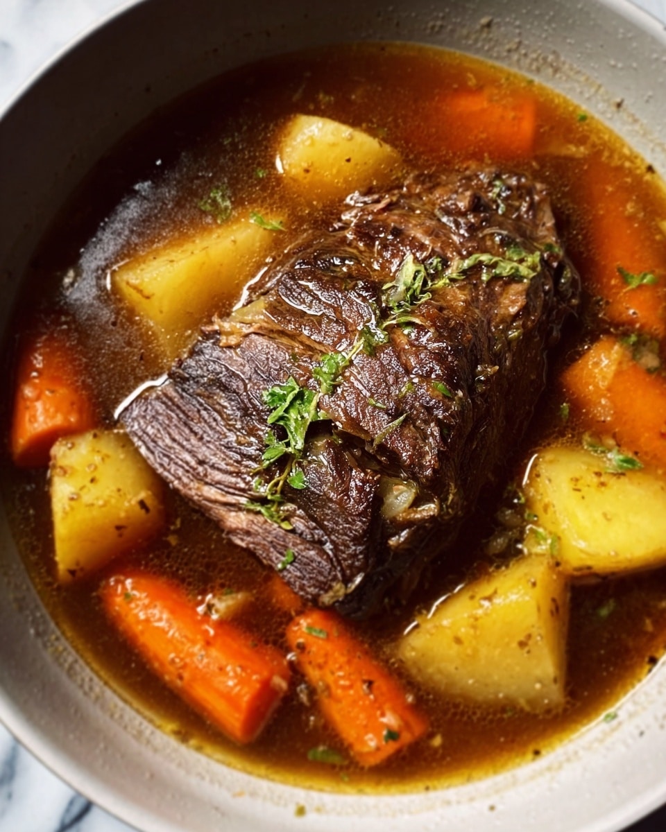 The image shows a large piece of cooked beef in a white bowl filled with brown broth. Around the beef, there are orange carrot slices and light yellow potato pieces, all partly submerged in the broth. Some small green herbs are sprinkled on top of the beef, adding a touch of color. The bowl sits on a white marbled surface. photo taken with an iphone --ar 4:5 --v 7