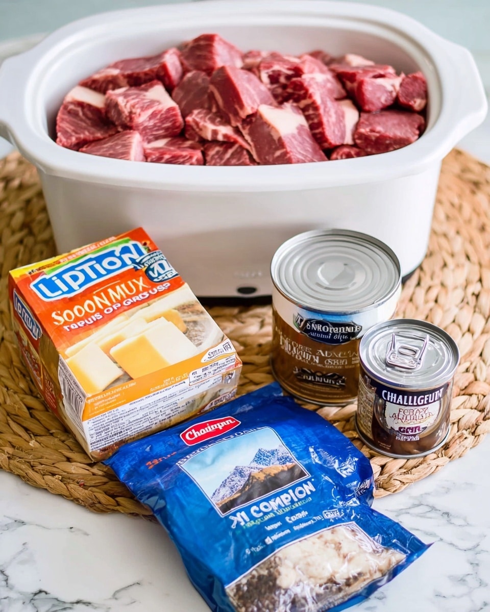 A white tray filled with raw red steak pieces with light fat lines lies on a woven mat next to a white slow cooker. In front of the tray are four ingredients: a blue box of Lipton Onion Soup Mix with orange and white details, a brown and red packet of McCormick Au Jus Gravy, a silver and blue can of Swanson Beef Broth, and an open box of Challenge unsalted butter with a blue label showing a mountain and elk. The scene is set on a white marbled surface photo taken with an iphone --ar 4:5 --v 7