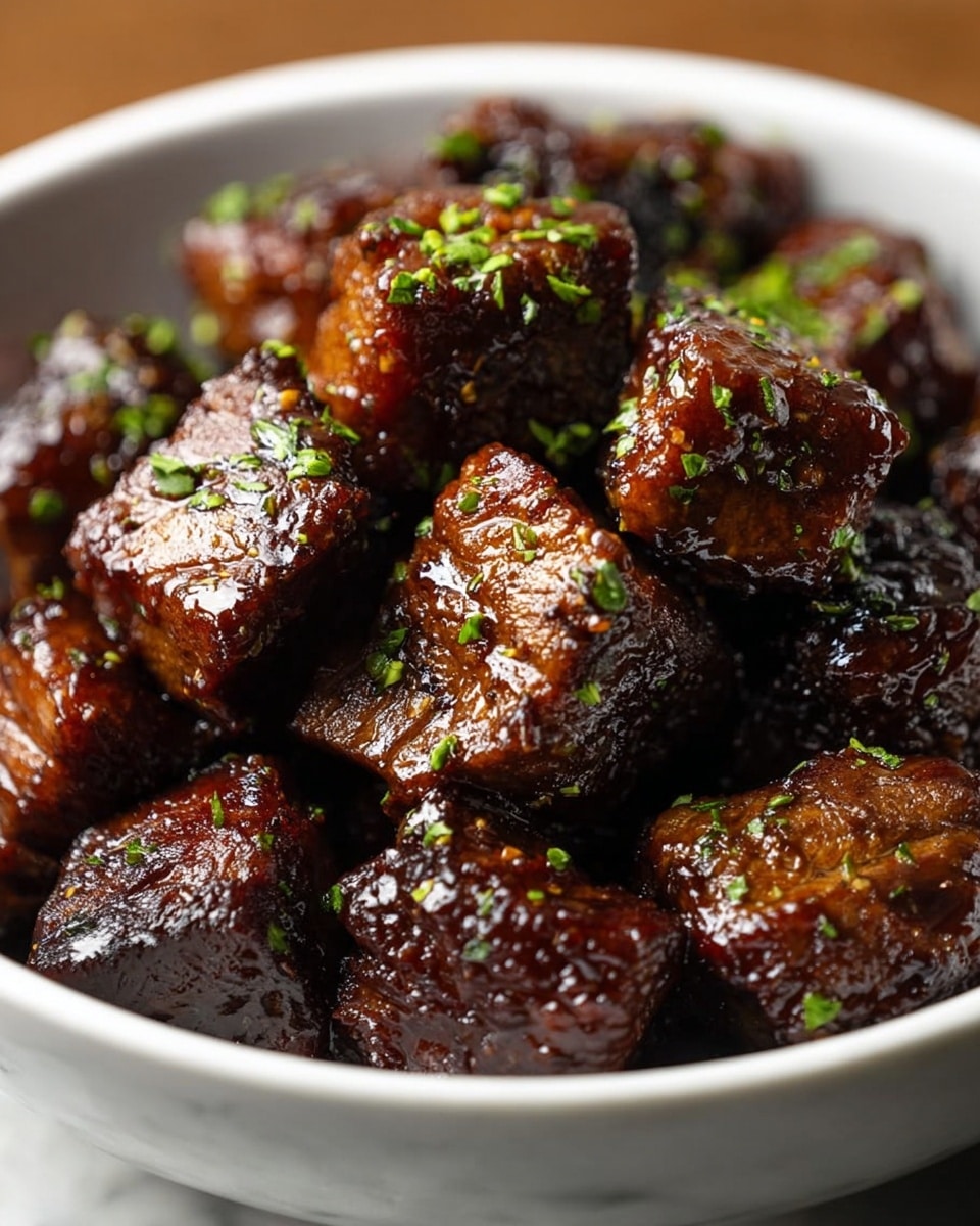A white bowl filled with many pieces of dark brown, shiny cooked meat cubes, each piece glistening with a sticky glaze and sprinkled with finely chopped green herbs. The meat pieces have a slightly rough texture on top, showing a mix of crisp edges and tender sides. The bowl sits on a white marbled surface, and the close-up view focuses on the rich, glossy look of the meat with small bits of herbs adding a fresh green contrast. photo taken with an iphone --ar 4:5 --v 7