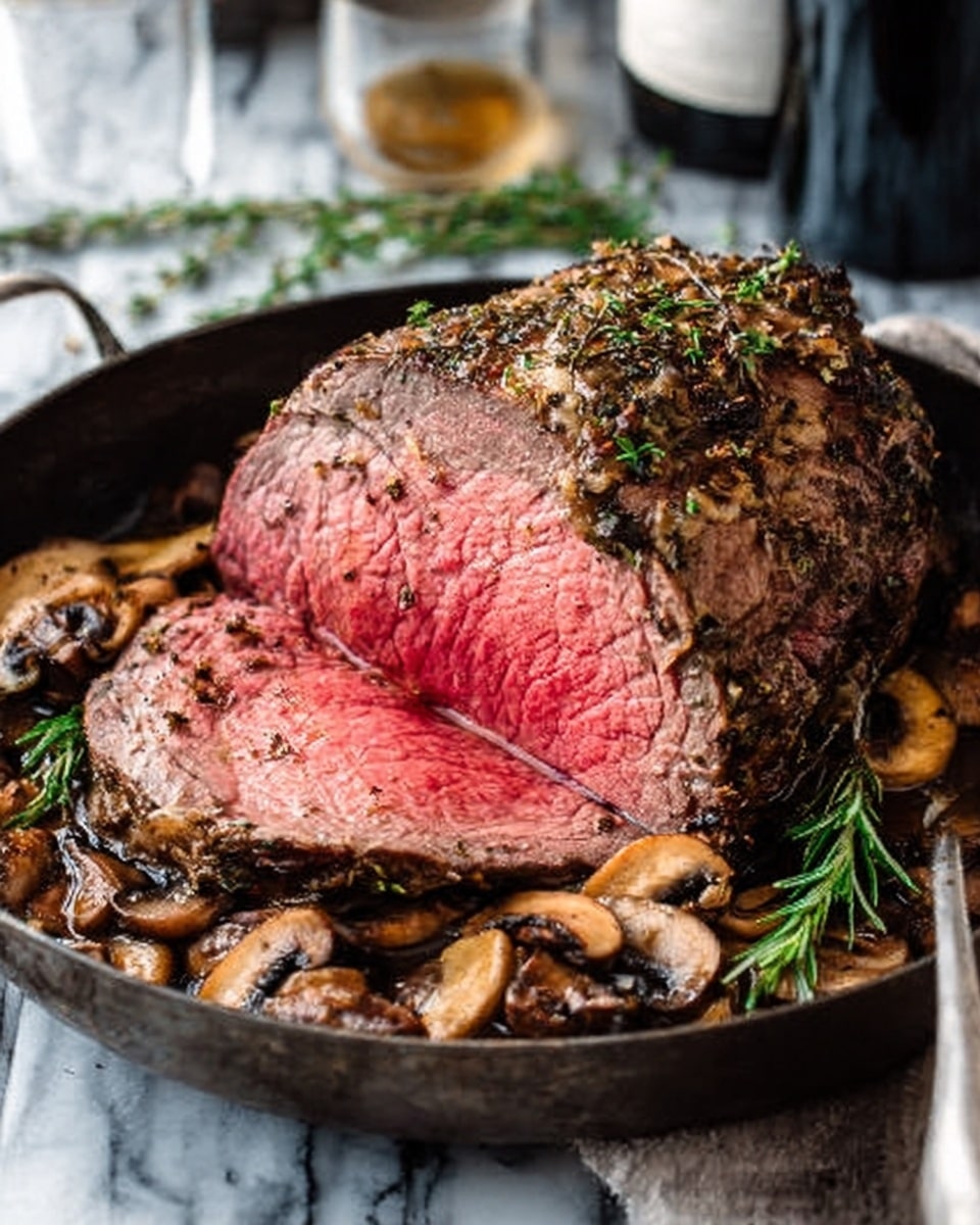 The image shows a thick slice of roast beef cooked medium, with a pink center and a browned, herb-covered outer layer. The roast sits in a dark pan with cooked mushroom slices around it. The beef looks tender and juicy, with some rosemary sprigs on the side. The background is a white marbled surface with a glass cup and a bottle slightly blurred behind the pan. A woman's hand is holding the pan handle on the right side. photo taken with an iphone --ar 4:5 --v 7