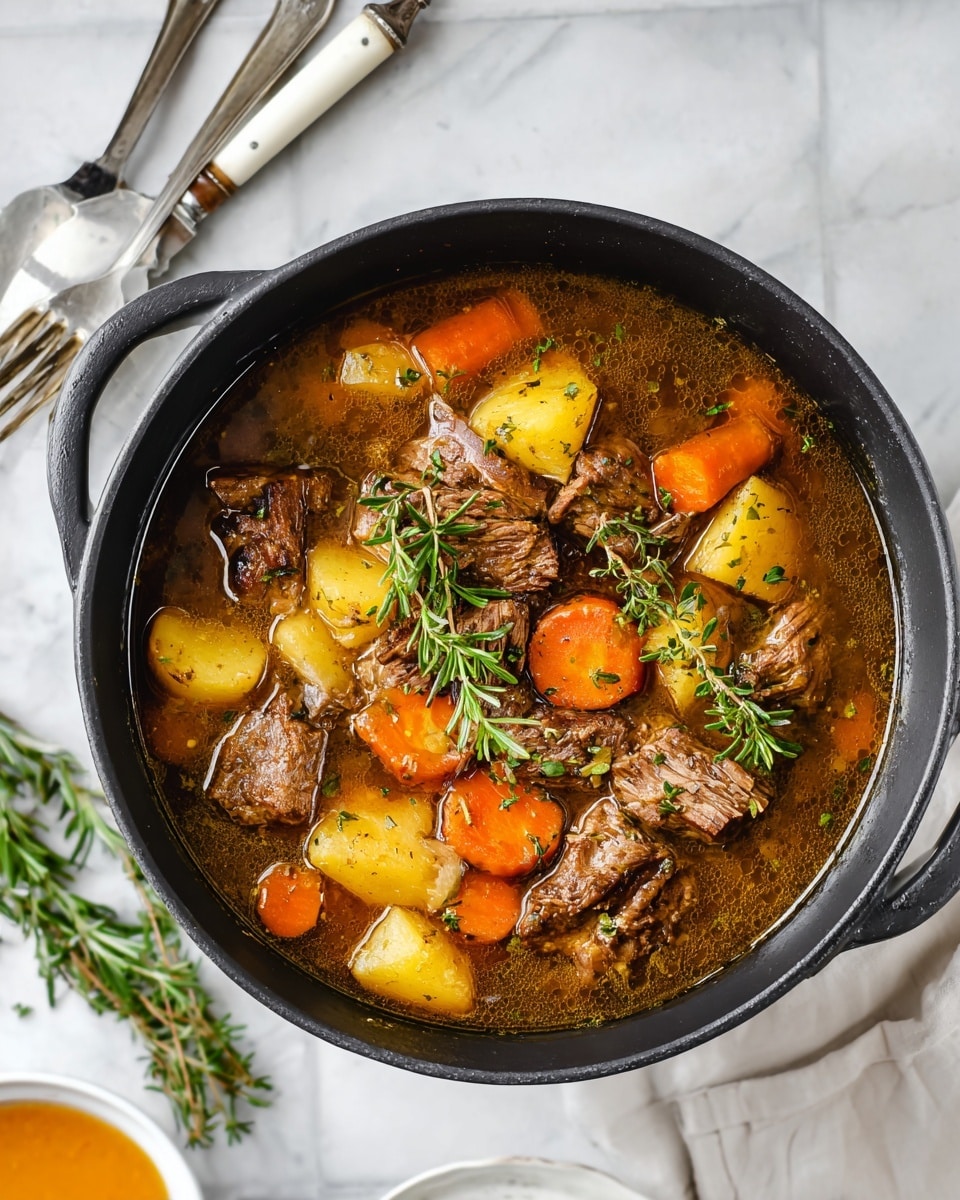 A black pot filled with a stew showing two main layers: the bottom layer is a brown broth with herbs floating inside, and the top layer features chunky pieces of darker brown cooked meat, bright orange carrot segments, and pale yellow potato chunks. Fresh green sprigs of rosemary and thyme rest on top of the stew. The pot sits on a white marbled surface with a white-handled wooden spoon lying nearby. A silver fork and knife are placed on the lower left side of the image, and a white bowl with a light orange soup is partially visible on the lower right corner. Photo taken with an iphone --ar 4:5 --v 7