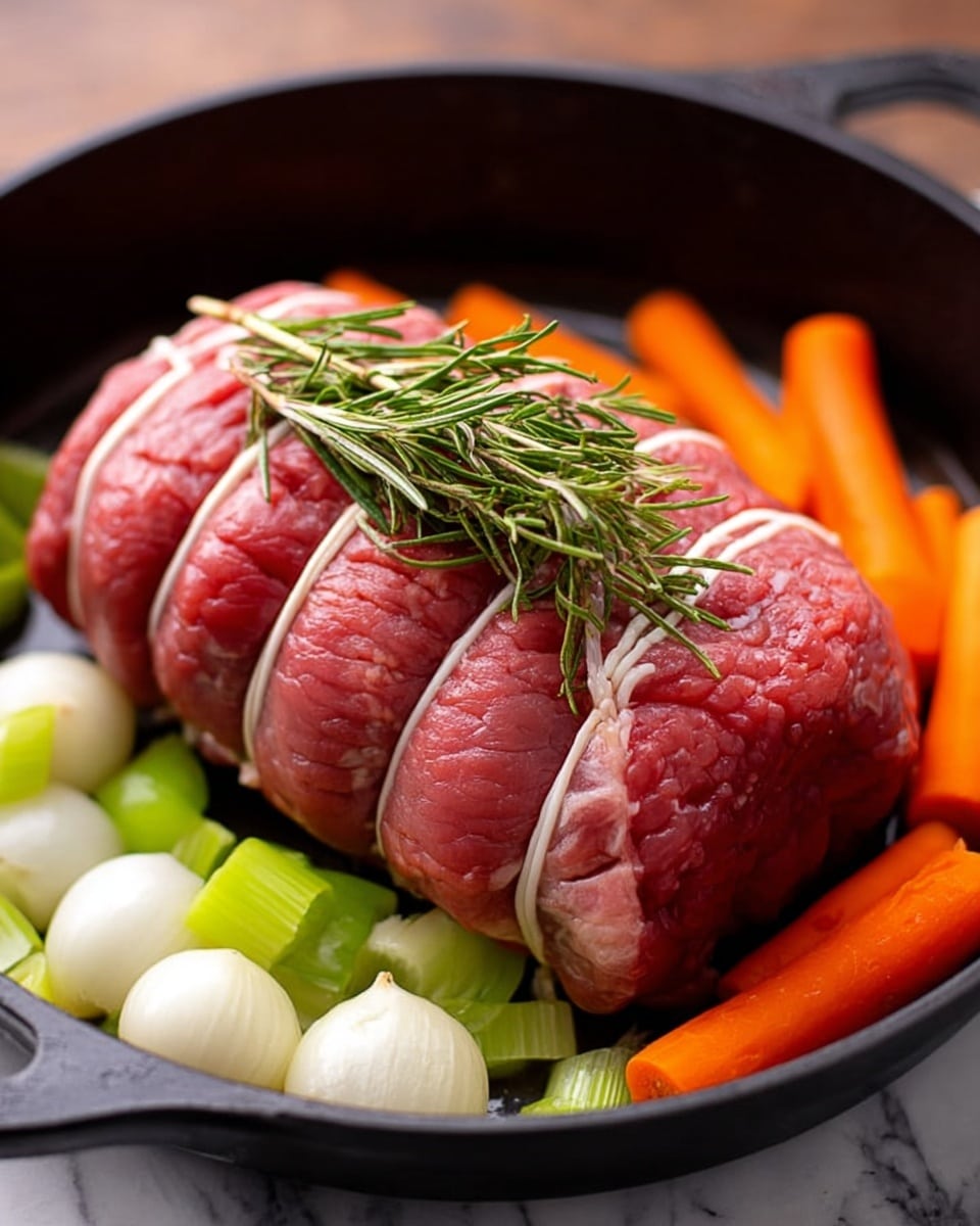 A tied raw meat roll sits in the center of a black pan, its texture smooth and tightly wrapped with white kitchen twine across five sections. Surrounding the meat roll are colorful slices of orange carrot, light green celery pieces, and whole white peeled onions, arranged evenly around the edges of the pan. On top of the meat roll lies a fresh sprig of green rosemary, adding a touch of natural detail. The pan rests on a white marbled surface, and the lighting highlights the freshness and rich colors of the ingredients. Photo taken with an iphone --ar 4:5 --v 7