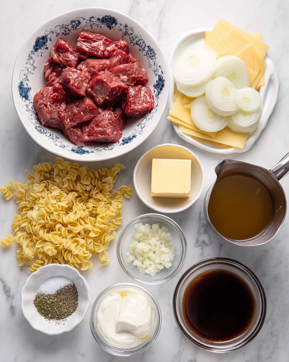 The image shows several ingredients arranged neatly on a white marbled surface. There is a white bowl with blue floral patterns filled with raw red beef pieces in the top left. Below it, a white bowl contains sliced white onions, neatly stacked. To the left, there are uncooked yellow egg noodles, small and curly, scattered loosely. Below the noodles, a small white dish holds a mixture of black pepper, salt, and dried green herbs. Near that, a clear small bowl has a cube of yellow butter. To the right, a small white dish has finely chopped garlic. Above that, a metal cup holds white sour cream, and next to it is a small clear bowl filled with a dark brown liquid, likely soy sauce. At the top right, a bigger clear bowl has a light brown broth. Behind the onions and beef, there are several slices of yellow cheese stacked. The overall setup is clean and organized, with all ingredients clearly visible. photo taken with an iphone --ar 4:5 --v 7