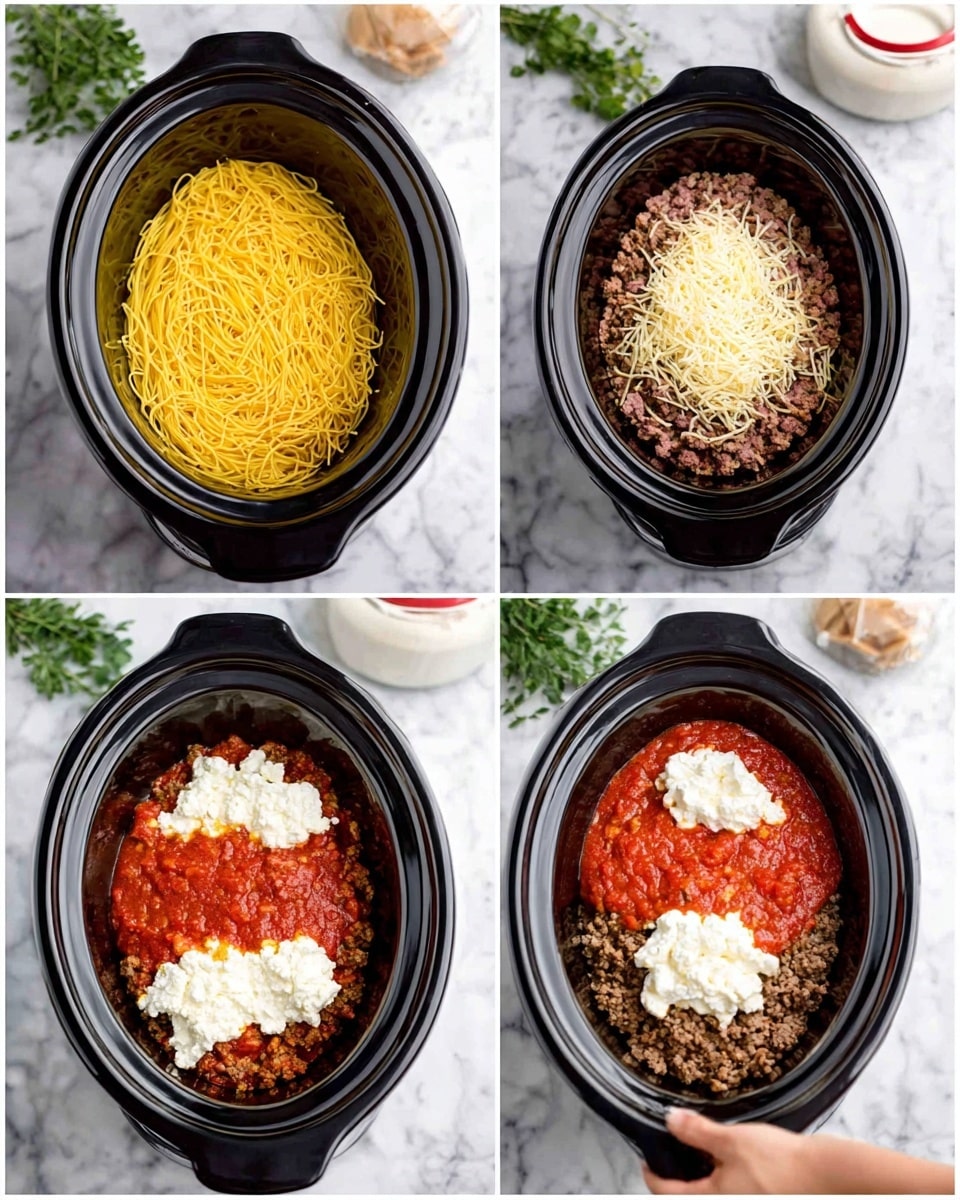 The image shows four steps of making a pasta dish in a black slow cooker. The first image has dry yellow spaghetti neatly laid flat inside the cooker. The second image shows ground meat spread evenly over the pasta. The third image has white dollops of ricotta cheese placed on top of the meat. The fourth image adds bright red tomato sauce covering the cheese and meat. The slow cooker is placed on a white marbled surface with some green herbs and a white container with a red lid behind it. A woman's hand is visible near the cooker in the first image. photo taken with an iphone --ar 4:5 --v 7