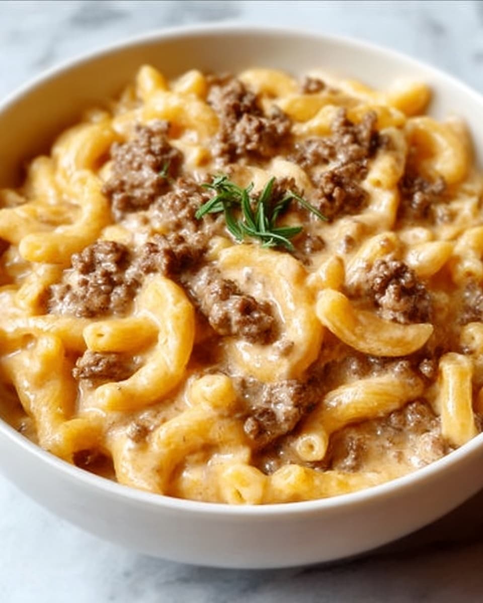 The image shows a close-up view of a white bowl filled with creamy macaroni pasta mixed with ground beef. The macaroni is yellow and coated in a smooth, thick, beige sauce. Small pieces of browned ground beef are spread evenly throughout the pasta, giving a textured look. The bowl sits on a white marbled surface, and a small green herb garnish is placed on top of the ground beef, adding a touch of color. The layers include the creamy sauce at the base, macaroni pasta mixed in, ground beef scattered evenly, and green herbs on the top. Photo taken with an iphone --ar 4:5 --v 7