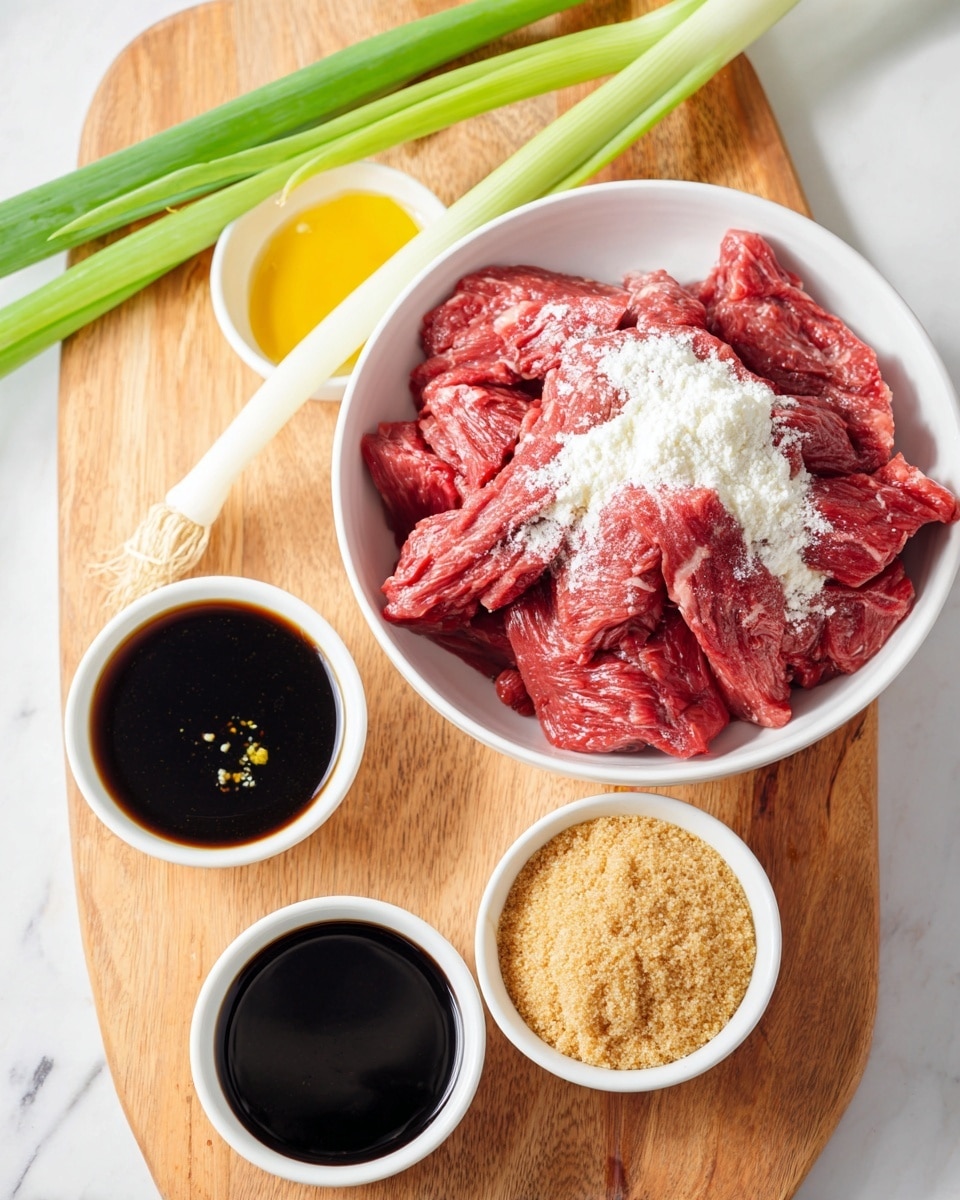 A white bowl sits on a wooden board filled with raw red meat strips topped with a white powdery ingredient, likely cornstarch. Below it, three small white bowls contain different ingredients: the left bowl holds minced garlic in golden oil, the middle bowl has a dark, glossy liquid like soy sauce, and the right bowl is full of light brown granulated sugar. A fresh green onion with vibrant green leaves and white bulb rests diagonally across the board. The background is a white marbled surface. photo taken with an iphone --ar 4:5 --v 7