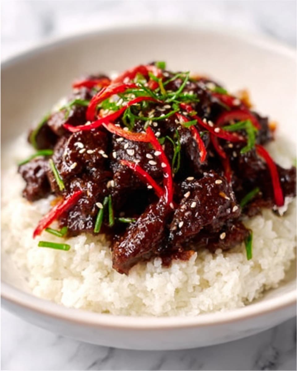 This image shows a dish with a base layer of plain white rice spread evenly on a white bowl sitting on a white marbled surface. On top of the rice, there is a thick layer of dark brown meat glazed with a shiny sauce, mixed with thin red pepper strips adding a bright contrast. The meat looks tender and juicy, garnished with small green chopped scallions and sprinkled white sesame seeds for texture. The colors are rich with dark brown, bright red, fresh green, and white all balanced nicely in the bowl photo taken with an iphone --ar 4:5 --v 7