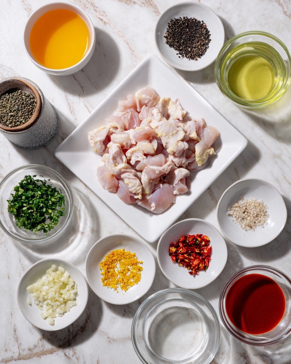 The image shows a white square plate filled with pieces of raw light pink chicken placed in the center, surrounded by small white bowls and glass containers each holding different ingredients. At the top left is a small bowl of orange liquid, next to it a bowl with black seeds or spice, and a glass cup of light yellow-green liquid on the far right. Below those, there are three rows of small white bowls containing minced garlic, red chili flakes, yellow powder, and white salt. To the bottom left, there is a white bowl with chopped green herbs, a glass bowl of a clear white liquid, and on the bottom right a bowl with a bright red liquid. A container of black seasoning is also visible on the left side next to the plate with chicken. The surface under everything is a white marbled texture with a woman's hand positioned nearby. photo taken with an iphone --ar 4:5 --v 7