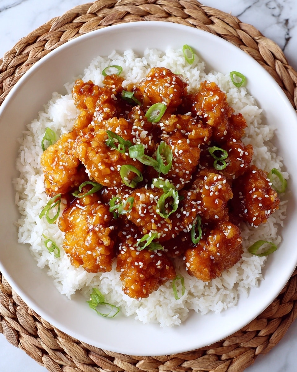 The image shows a white plate with a single layer of white rice as the base, topped with pieces of orange-brown crispy chicken covered in a shiny sauce. The chicken pieces are irregular in shape and scattered evenly over the rice. Green sliced scallions and white sesame seeds are sprinkled on top for garnish. The plate is placed on a woven light brown mat with a white marbled surface background. photo taken with an iphone --ar 4:5 --v 7