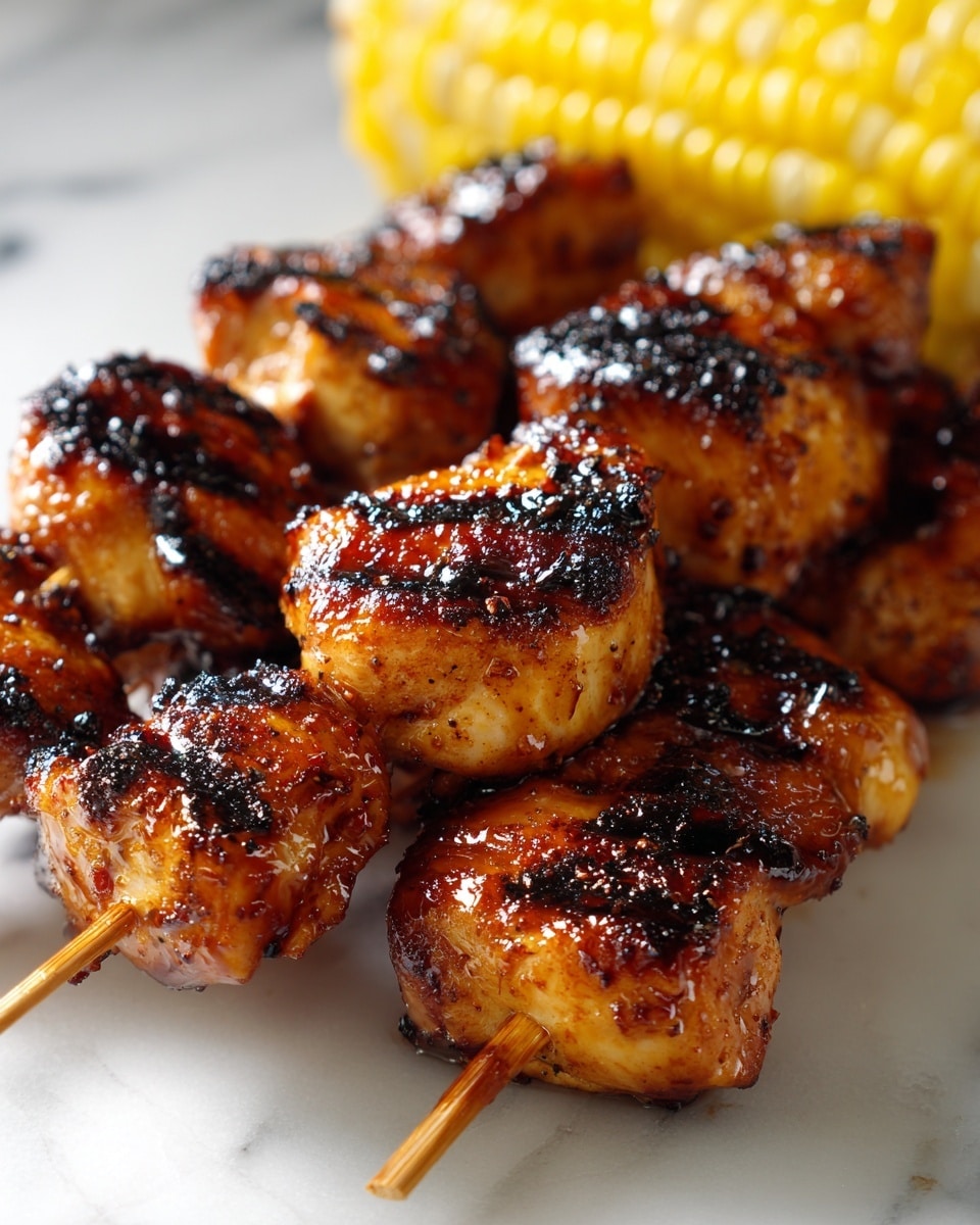 The image shows several skewers of grilled chicken pieces with a shiny, caramelized brown surface and some dark char marks, giving a well-cooked look. The chicken pieces are round and irregular in shape, stacked close together on thin bamboo sticks. In the background, there is part of a yellow corn cob with bright kernels slightly blurred. All items are placed on a clean white marbled table surface. photo taken with an iphone --ar 4:5 --v 7