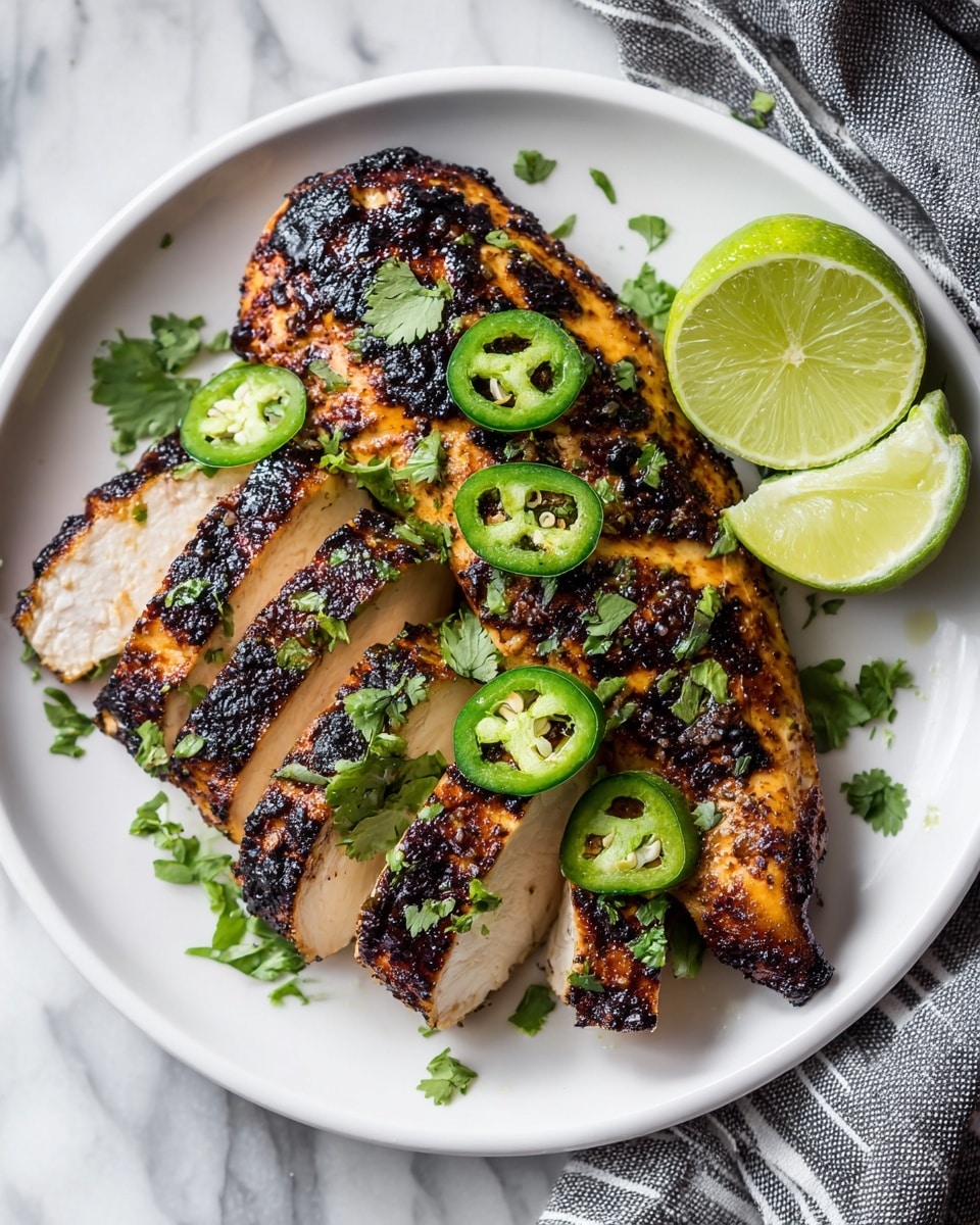 A white plate holds three thick slices of grilled chicken with a dark golden-brown char on the outside and white, tender inside. On top of the chicken are three bright green jalapeño slices with visible seeds and chopped cilantro leaves scattered around. To the right side of the chicken, there is a fresh lime wedge showing its shiny, pale green juicy interior. The plate is on a white marbled surface with a gray and white striped cloth on the right edge of the frame. photo taken with an iphone --ar 4:5 --v 7