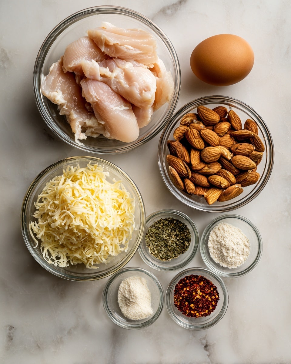 A white marbled surface holds five clear glass bowls and one brown egg. The largest bowl on the left contains several raw, pale pink chicken fillets stacked loosely. To the right of it sits a smaller bowl filled with whole, brown almonds. Below this almond bowl, there is a bowl with finely grated pale yellow cheese. Next to the cheese bowl, a smaller glass bowl is divided into five sections with different spices: white salt, green herb flakes, black pepper, red paprika, and white flour. The single brown egg lies directly on the white marbled surface near the chicken bowl. Photo taken with an iphone --ar 4:5 --v 7