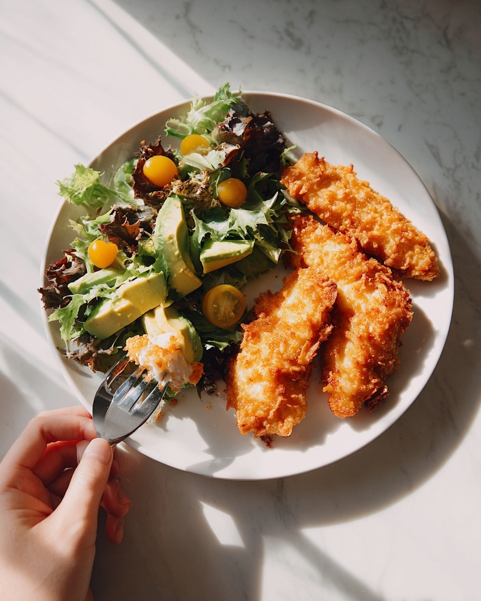 The image shows a white plate on a white marbled surface with two pieces of crispy, golden-brown fried chicken tenders placed on the right side. On the left side of the plate, there is a fresh green salad made of mixed leafy greens, small yellow cherry tomatoes, and light green avocado chunks. A woman's hand holding a fork is picking up some of the salad. The lighting is natural and bright, enhancing the texture of the chicken and the freshness of the salad. Photo taken with an iphone --ar 4:5 --v 7