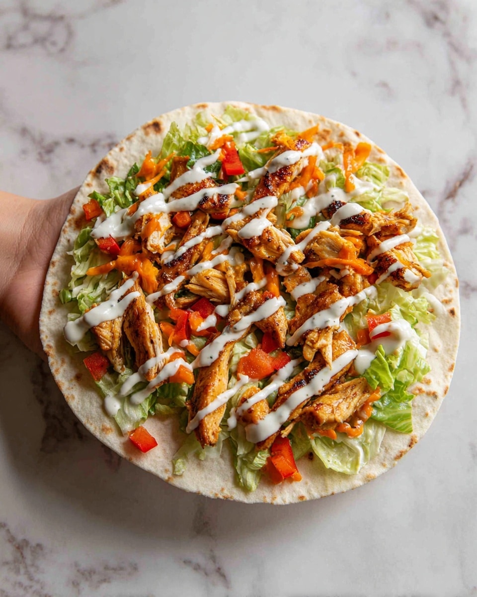 A white flatbread sits flat in a woman's hand, topped with a colorful layered mix. The base layer is light green lettuce spread across the bread, followed by several brown cooked strips of chicken. There are small chunks of orange and red bell peppers mixed among the chicken, adding bright spots of color. White sauce is drizzled unevenly over the top, creating a creamy texture contrast. The dish is shown over a white marbled surface background. photo taken with an iphone --ar 4:5 --v 7