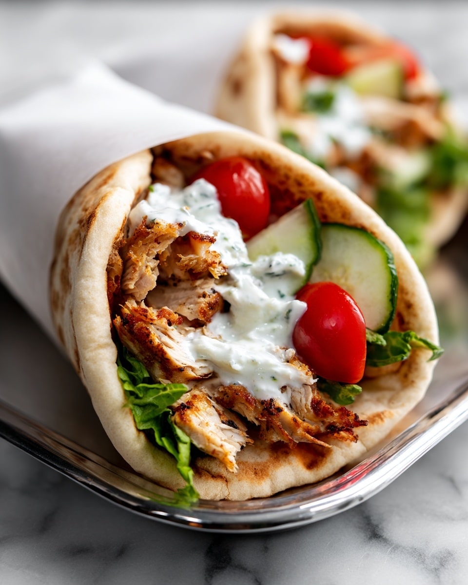 A close-up image of a pita wrap filled with layers that include golden brown cooked chicken pieces, bright red cherry tomatoes, fresh green cucumber slices, and green lettuce strips. White sauce is drizzled over the ingredients, adding contrast and creaminess. The wrap is folded and partially covered with white paper, placed on a shiny silver tray on a white marbled surface. The photo captures the wrap slightly from the side, showing the colorful filling and texture of the pita bread. photo taken with an iphone --ar 4:5 --v 7