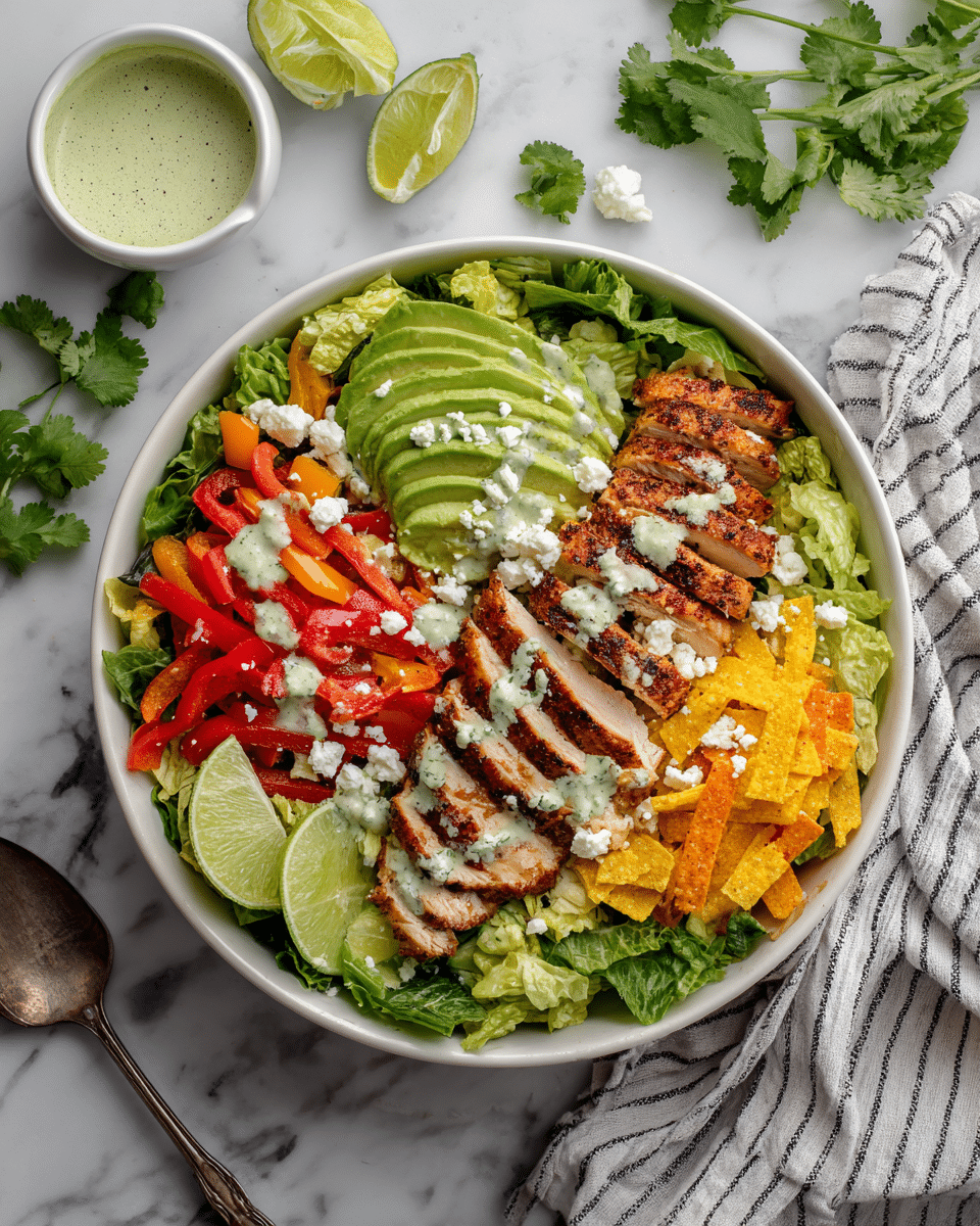 A white bowl filled with fresh green lettuce leaves form the base layer, topped with grilled brown chicken slices arranged in the center. To the left side, there are smooth green avocado slices, below them a mix of cooked red and orange bell pepper strips, all sprinkled lightly with white crumbly cheese. On the right side, colorful tortilla strips in red, yellow, and blue lay over the lettuce. There is a creamy light green dressing drizzled on top across the chicken, avocado, and other ingredients. Two small lime wedges rest on the lettuce near the chicken. The bowl is placed on a white marbled surface with scattered green cilantro leaves around. A striped cloth and a silver spoon are positioned near the bowl. A small white bowl of light green dressing sits next to it. Photo taken with an iphone --ar 4:5 --v 7