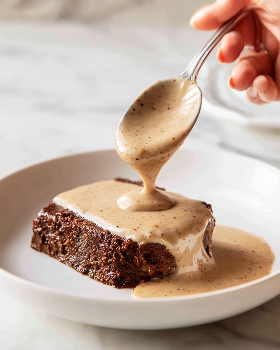 A close-up view of a cooked piece of dark brown meat resting in a white pan, with a thick beige creamy sauce being poured over the top by a woman's hand holding a large spoon. The sauce covers part of the meat and pools around it, showing a smooth texture with small spices. The background is a white marbled surface. photo taken with an iphone --ar 4:5 --v 7